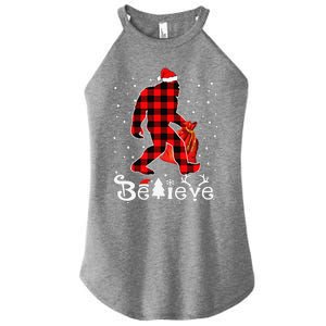 Buffalo Plaid Believe Bigfoot Santa Hat Christmas Funny Funny Women's Perfect Tri Rocker Tank