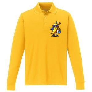 Banana Playing Baseball Fruit Lover Baseball Player Performance Long Sleeve Polo