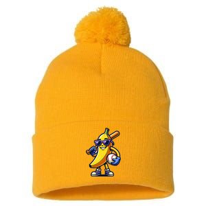 Banana Playing Baseball Fruit Lover Baseball Player Pom Pom 12in Knit Beanie