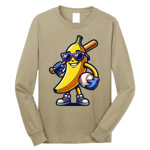 Banana Playing Baseball Fruit Lover Baseball Player Long Sleeve Shirt