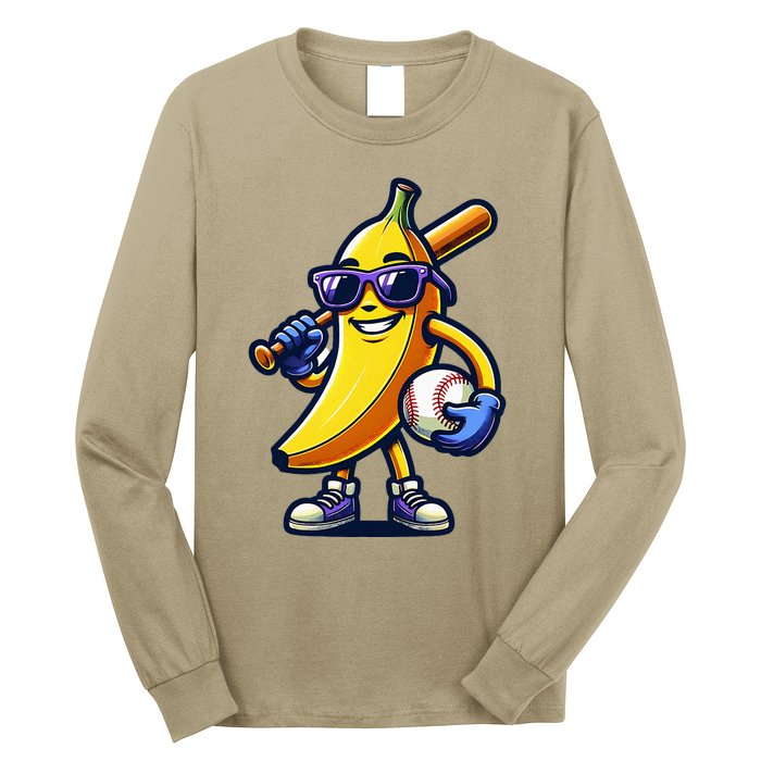 Banana Playing Baseball Fruit Lover Baseball Player Long Sleeve Shirt