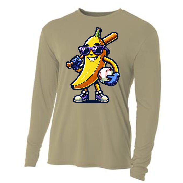 Banana Playing Baseball Fruit Lover Baseball Player Cooling Performance Long Sleeve Crew