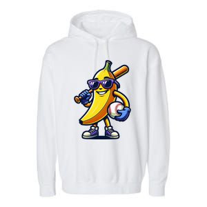 Banana Playing Baseball Fruit Lover Baseball Player Garment-Dyed Fleece Hoodie