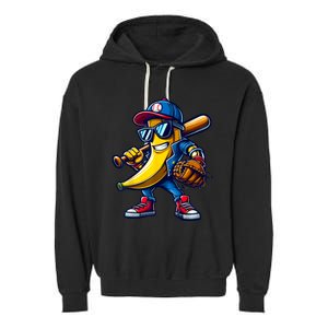 Banana Playing Baseball Fruit Lover Funny Baseball Player Garment-Dyed Fleece Hoodie