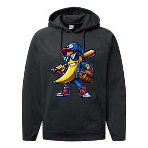 Banana Playing Baseball Fruit Lover Funny Baseball Player Performance Fleece Hoodie