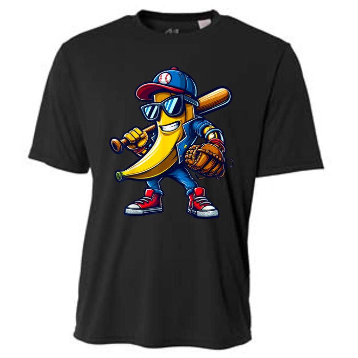 Banana Playing Baseball Fruit Lover Funny Baseball Player Cooling Performance Crew T-Shirt