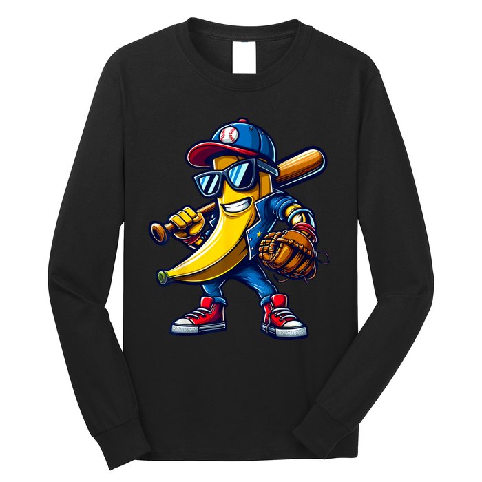 Banana Playing Baseball Fruit Lover Funny Baseball Player Long Sleeve Shirt