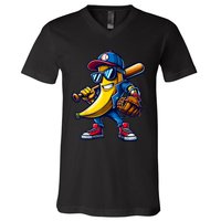 Banana Playing Baseball Fruit Lover Funny Baseball Player V-Neck T-Shirt