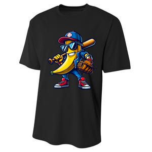 Banana Playing Baseball Fruit Lover Funny Baseball Player Performance Sprint T-Shirt