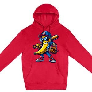 Banana Playing Baseball Fruit Lover Funny Baseball Player Premium Pullover Hoodie