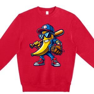 Banana Playing Baseball Fruit Lover Funny Baseball Player Premium Crewneck Sweatshirt