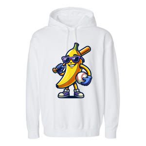 Banana Playing Baseball Fruit Lover Baseball Player Garment-Dyed Fleece Hoodie