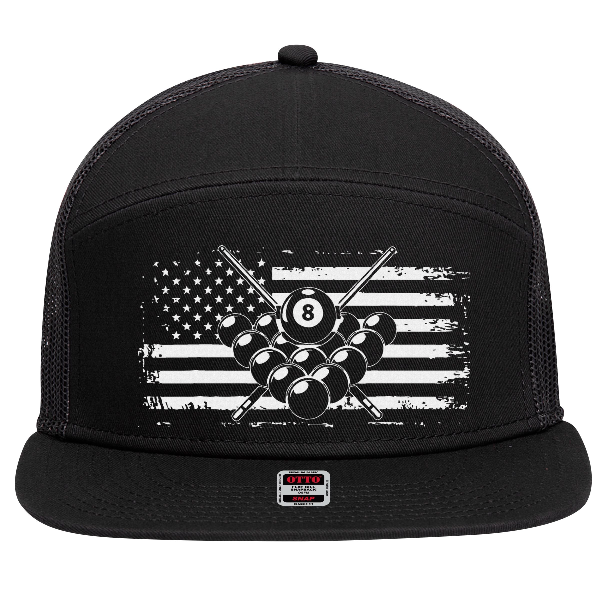 Billiards Pool Billiards American Flag Gift 7 Panel Mesh Trucker Snapback Hat