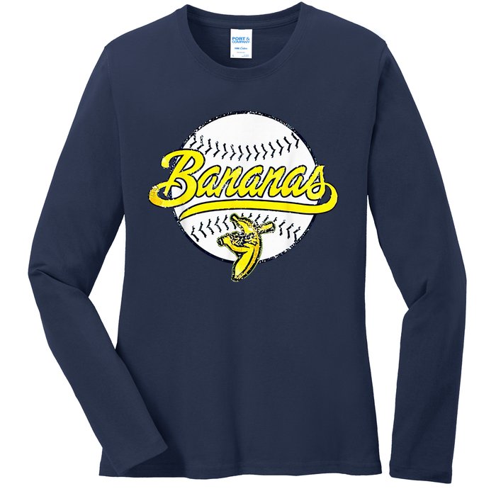 Banana Playing Baseball Fruit Lover Funny LetS Go Bananas Ladies Long Sleeve Shirt