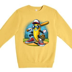 Banana Playing Baseball Funny Fruit Lover Baseball Player Premium Crewneck Sweatshirt