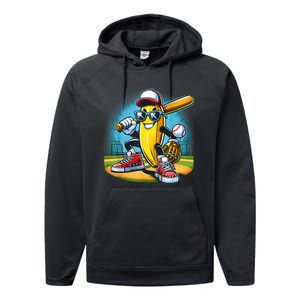 Banana Playing Baseball Funny Fruit Lover Baseball Player Performance Fleece Hoodie