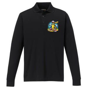 Banana Playing Baseball Funny Fruit Lover Baseball Player Performance Long Sleeve Polo