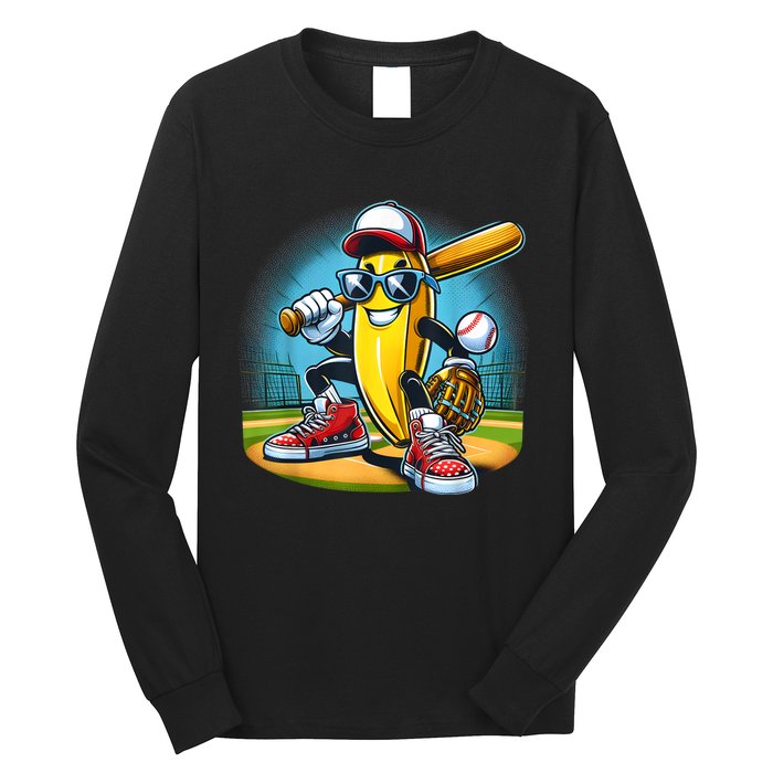 Banana Playing Baseball Funny Fruit Lover Baseball Player Long Sleeve Shirt