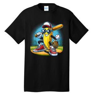 Banana Playing Baseball Funny Fruit Lover Baseball Player Tall T-Shirt