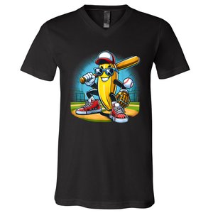 Banana Playing Baseball Funny Fruit Lover Baseball Player V-Neck T-Shirt