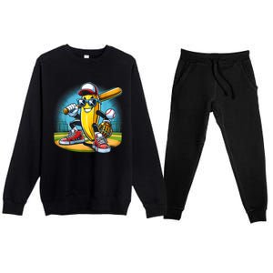 Banana Playing Baseball Funny Fruit Lover Baseball Player Premium Crewneck Sweatsuit Set