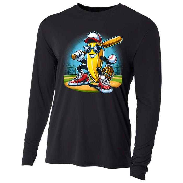 Banana Playing Baseball Funny Fruit Lover Baseball Player Cooling Performance Long Sleeve Crew