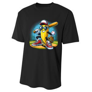 Banana Playing Baseball Funny Fruit Lover Baseball Player Performance Sprint T-Shirt