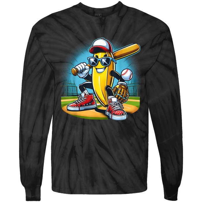 Banana Playing Baseball Funny Fruit Lover Baseball Player Tie-Dye Long Sleeve Shirt