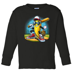 Banana Playing Baseball Funny Fruit Lover Baseball Player Toddler Long Sleeve Shirt