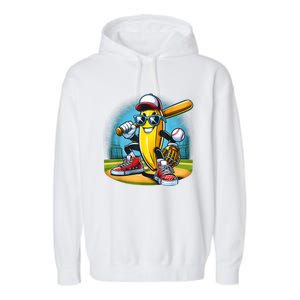 Banana Playing Baseball Funny Fruit Lover Baseball Player Garment-Dyed Fleece Hoodie