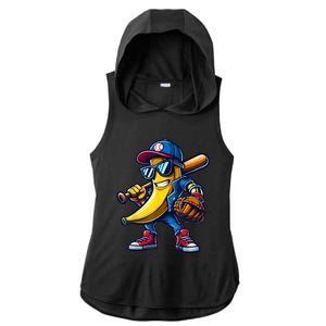 Banana Playing Baseball Fruit Lover Funny Baseball Player Ladies PosiCharge Tri-Blend Wicking Draft Hoodie Tank