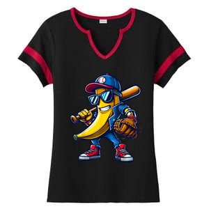 Banana Playing Baseball Fruit Lover Funny Baseball Player Ladies Halftime Notch Neck Tee