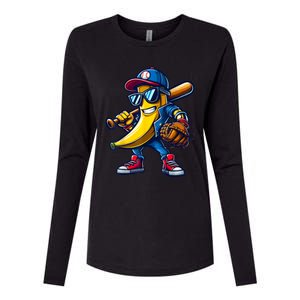 Banana Playing Baseball Fruit Lover Funny Baseball Player Womens Cotton Relaxed Long Sleeve T-Shirt