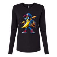 Banana Playing Baseball Fruit Lover Funny Baseball Player Womens Cotton Relaxed Long Sleeve T-Shirt