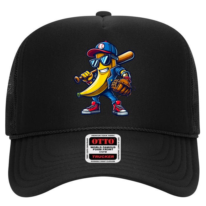 Banana Playing Baseball Fruit Lover Funny Baseball Player High Crown Mesh Back Trucker Hat