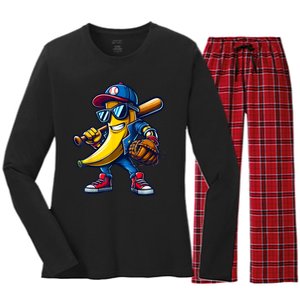 Banana Playing Baseball Fruit Lover Funny Baseball Player Women's Long Sleeve Flannel Pajama Set 