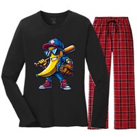 Banana Playing Baseball Fruit Lover Funny Baseball Player Women's Long Sleeve Flannel Pajama Set 