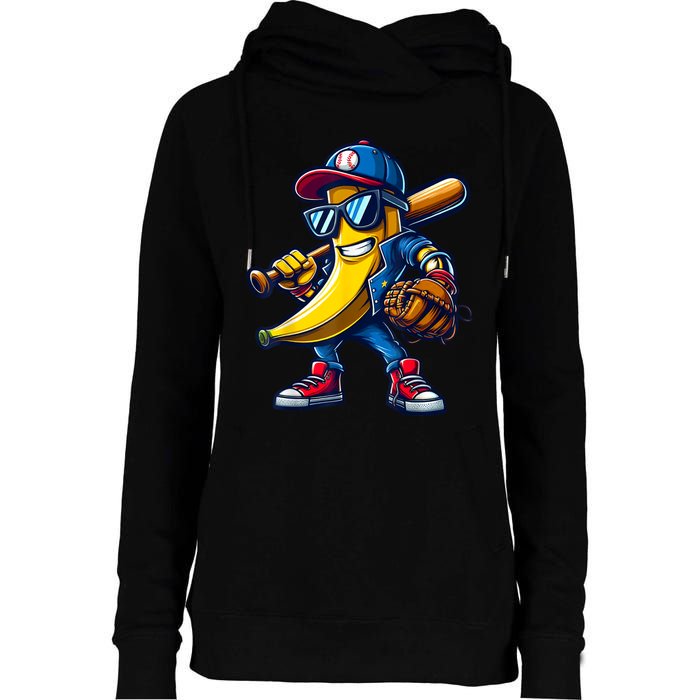 Banana Playing Baseball Fruit Lover Funny Baseball Player Womens Funnel Neck Pullover Hood