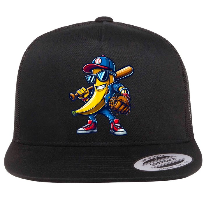 Banana Playing Baseball Fruit Lover Funny Baseball Player Flat Bill Trucker Hat