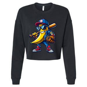 Banana Playing Baseball Fruit Lover Funny Baseball Player Cropped Pullover Crew