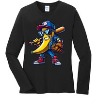 Banana Playing Baseball Fruit Lover Funny Baseball Player Ladies Long Sleeve Shirt