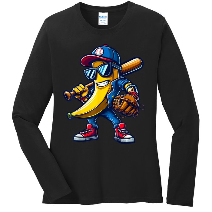 Banana Playing Baseball Fruit Lover Funny Baseball Player Ladies Long Sleeve Shirt