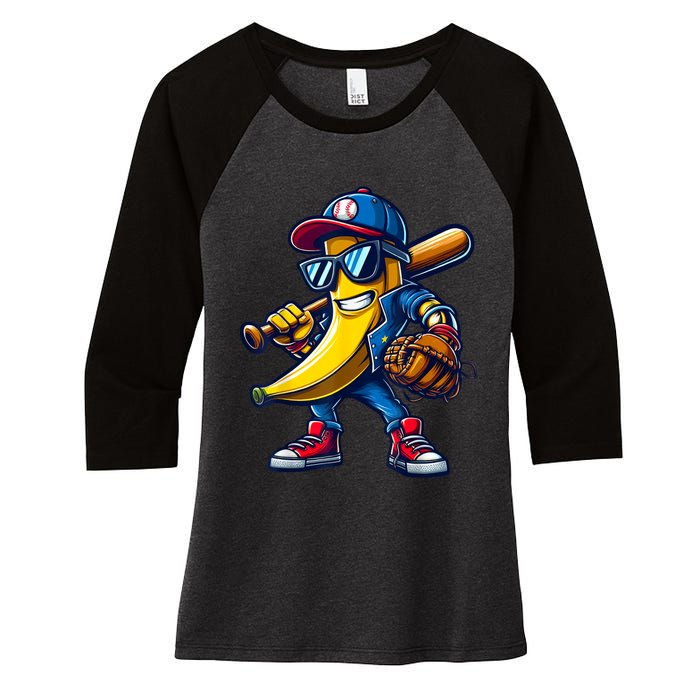 Banana Playing Baseball Fruit Lover Funny Baseball Player Women's Tri-Blend 3/4-Sleeve Raglan Shirt