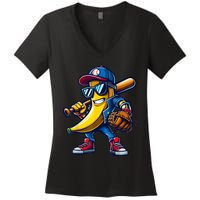 Banana Playing Baseball Fruit Lover Funny Baseball Player Women's V-Neck T-Shirt