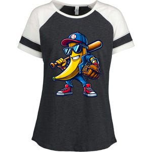 Banana Playing Baseball Fruit Lover Funny Baseball Player Enza Ladies Jersey Colorblock Tee