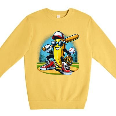 Banana Playing Baseball Funny Fruit Lover Baseball Player Gift Premium Crewneck Sweatshirt