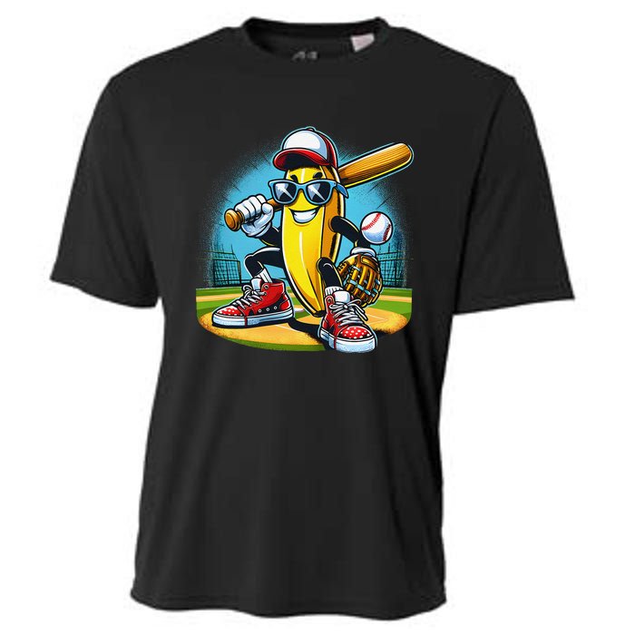 Banana Playing Baseball Funny Fruit Lover Baseball Player Gift Cooling Performance Crew T-Shirt