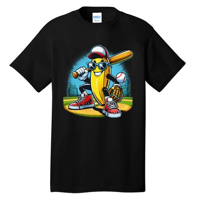 Banana Playing Baseball Funny Fruit Lover Baseball Player Gift Tall T-Shirt