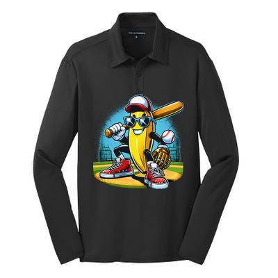 Banana Playing Baseball Funny Fruit Lover Baseball Player Gift Silk Touch Performance Long Sleeve Polo