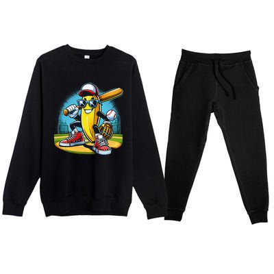 Banana Playing Baseball Funny Fruit Lover Baseball Player Gift Premium Crewneck Sweatsuit Set